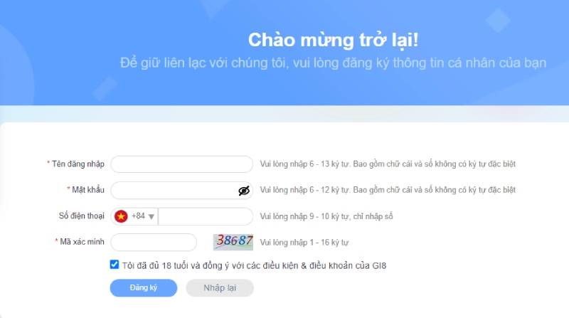 Điền thông tin đăng ký GI8 Điền thông tin đăng ký GI8